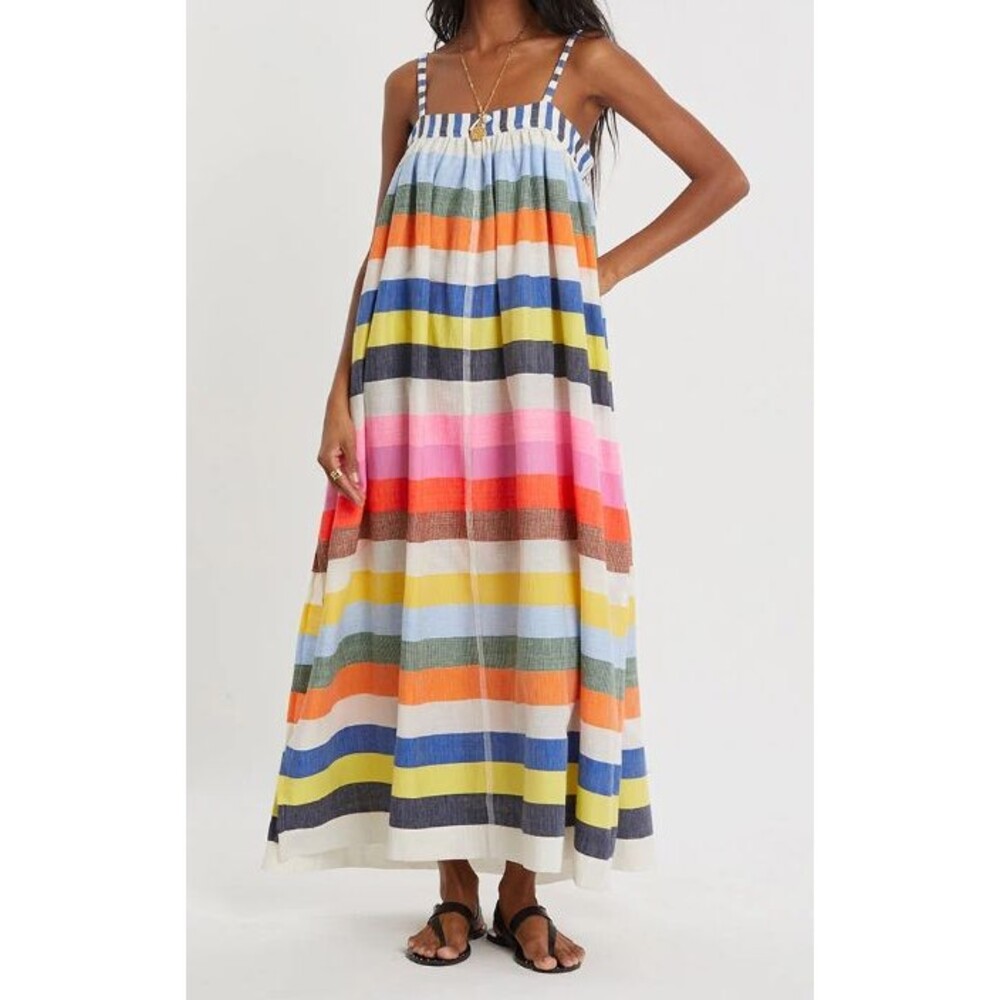 lemlem Eda Slip Dress Pariti Fiesta Multicolor Striped Cotton Gauze Maxi Large